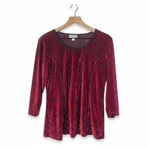 Burnout Velvet Sheer Mesh Top Size Large Red Burgundy